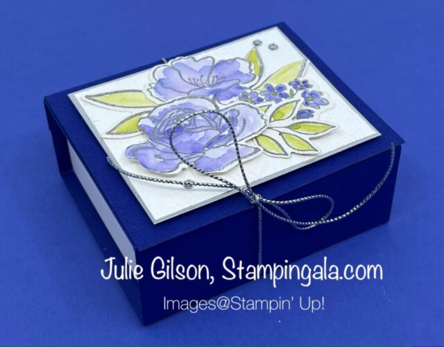 Create two greeting cards and a treat box with Stampin' Up's! Happiness Abounds and the Cup of Tea Bundles. #Julie Gilson, #Stampin' Gala, #3D, #Wedding, #Birthday, #Thinking of You